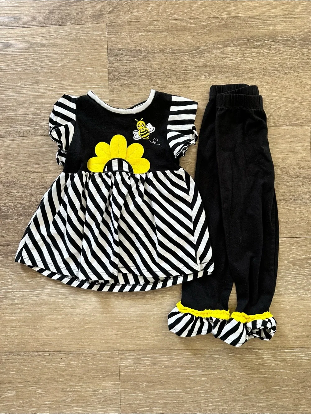 Rare Editions Black White and Yellow Bee Stripe Dress & Leggings